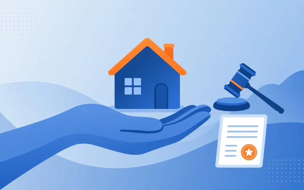 Main tenant une petite maison, avec un marteau de juge et un document officiel