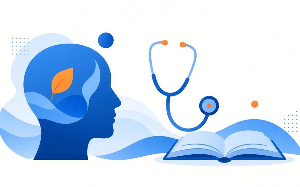 Silhouette de tête de profil à côté d'un stéthoscope et d'un livre ouvert